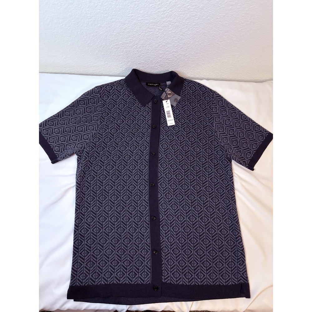 Tahari Men's Navy Blue‎ Buttoned Polo T-shirt Geometric Pattern-M